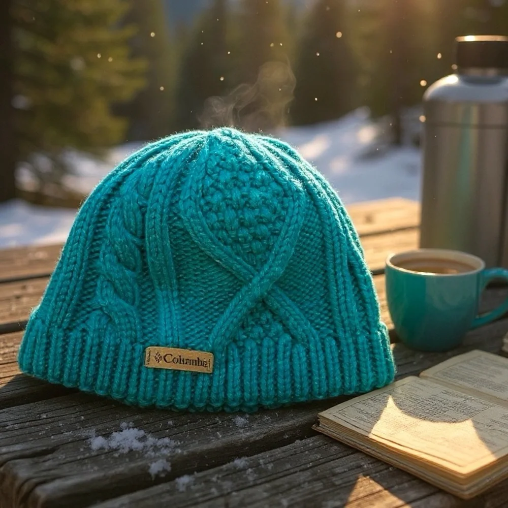 chunky cable knit COLUMBIA Teal Parallel Peak II Beanie cap hat small/youth